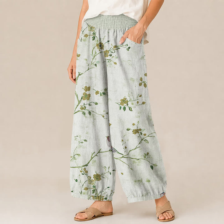 Buddha Stones Cotton Blossom Bird Branch Pattern Pleated Elastic Waist Women's Harem Pants With Pockets - image 11