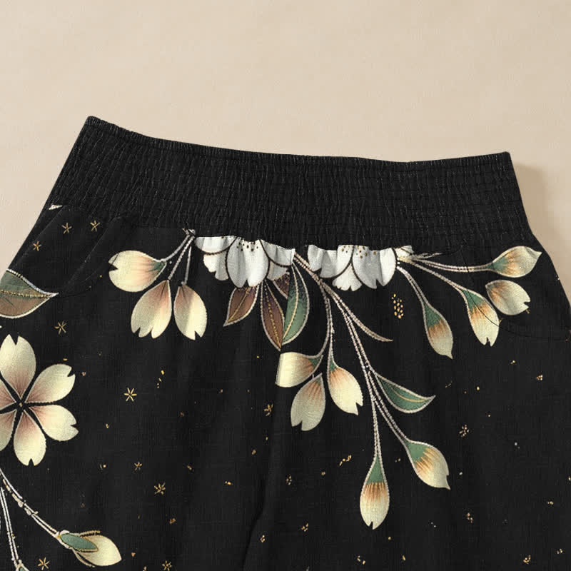 Buddha Stones Cotton Asymmetrical Floral Vine Pattern Pleated Elastic Waist Women's Harem Pants With Pockets - image 4