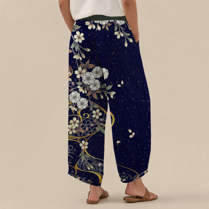 Buddha Stones Cotton Asymmetrical Floral Vine Pattern Pleated Elastic Waist Women's Harem Pants With Pockets - image 8
