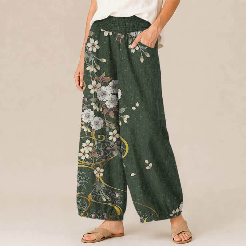 Buddha Stones Cotton Asymmetrical Floral Vine Pattern Pleated Elastic Waist Women's Harem Pants With Pockets - image 11
