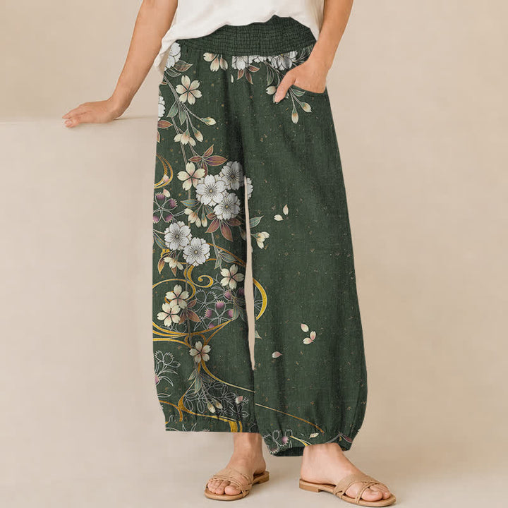Buddha Stones Cotton Asymmetrical Floral Vine Pattern Pleated Elastic Waist Women's Harem Pants With Pockets - ForestGreen - US16，UK/AU20，EU48 (3XL) - image 10