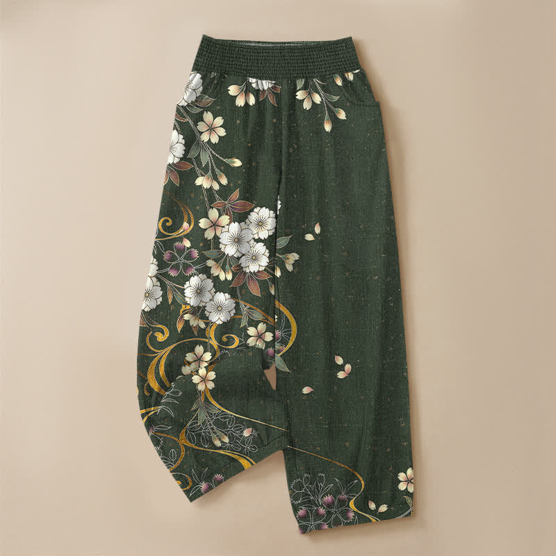Buddha Stones Cotton Asymmetrical Floral Vine Pattern Pleated Elastic Waist Women's Harem Pants With Pockets - image 13