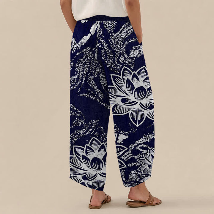 Buddha Stones Cotton White Lotus Floral Pattern Pleated Elastic Waist Women's Harem Pants With Pockets - image 2