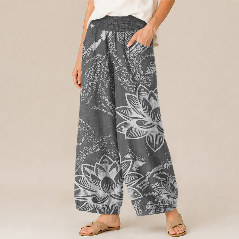 Buddha Stones Cotton White Lotus Floral Pattern Pleated Elastic Waist Women's Harem Pants With Pockets - image 7