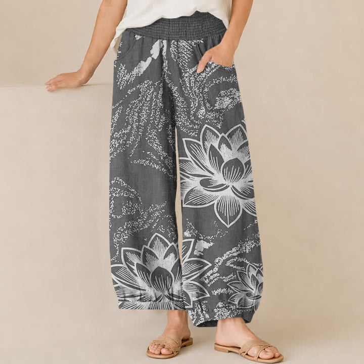 Buddha Stones Cotton White Lotus Floral Pattern Pleated Elastic Waist Women's Harem Pants With Pockets - Gray - US16，UK/AU20，EU48 (3XL) - image 6