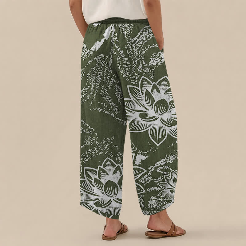 Buddha Stones Cotton White Lotus Floral Pattern Pleated Elastic Waist Women's Harem Pants With Pockets - image 12
