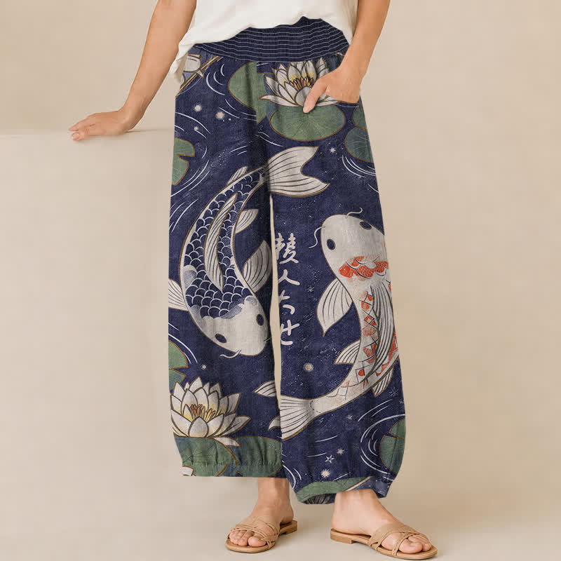 Buddha Stones Cotton Oriental Koi Fish Lotus Pattern Pleated Elastic Waist Women's Harem Pants With Pockets - Indigo - US16，UK/AU20，EU48 (3XL) - image 10