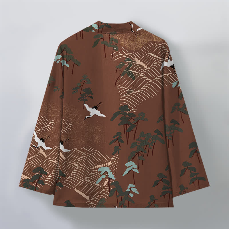 Buddha Stones Cotton White Crane Trees Flowing Waves Pattern Open Front Men's Kimono - image 2