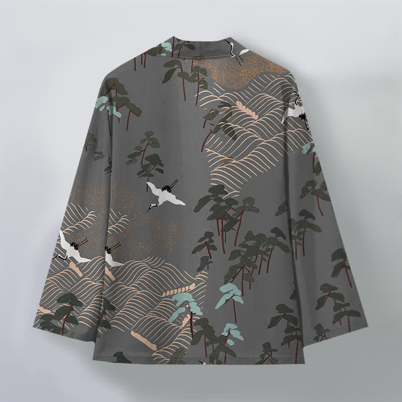Buddha Stones Cotton White Crane Trees Flowing Waves Pattern Open Front Men's Kimono - image 11