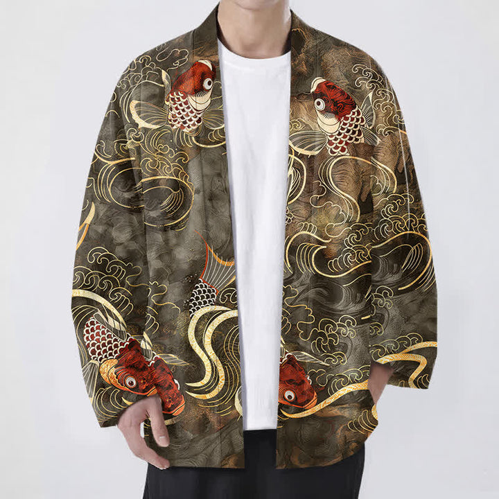Buddha Stones Cotton Red Koi Fish Golden Waves Pattern Open Front Men's Kimono - Olive - US/UK/AU48，EU58 (4XL) - image 0