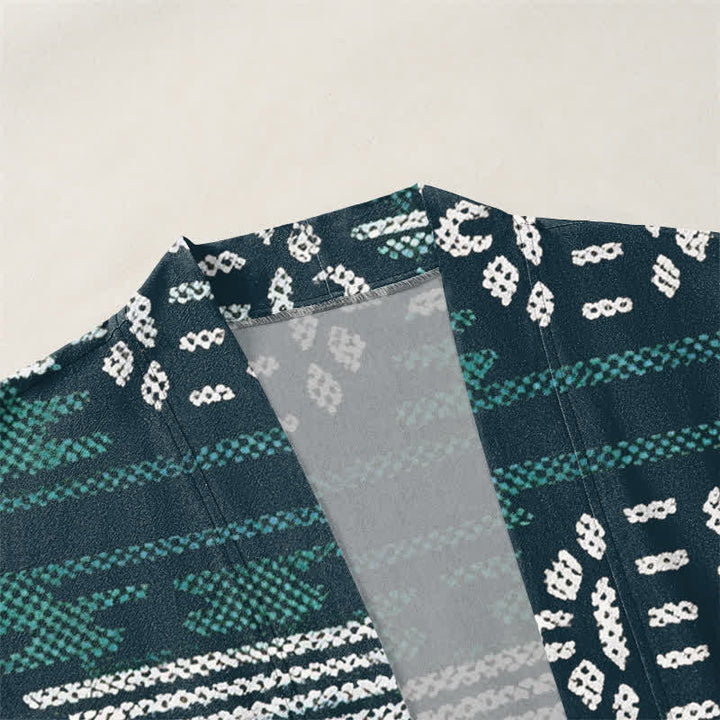 Buddha Stones Cotton Teal Aztec Geometric Pattern Open Front Men's Kimono - image 3
