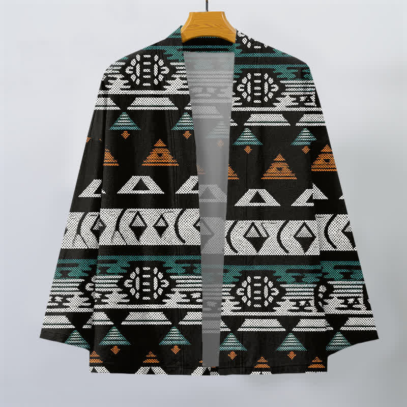 Buddha Stones Cotton Teal Aztec Geometric Pattern Open Front Men's Kimono - image 7