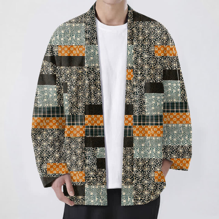 Buddha Stones Cotton Patchwork Geometric Block Pattern Open Front Men's Kimono - Black - US/UK/AU48，EU58 (4XL) - image 6