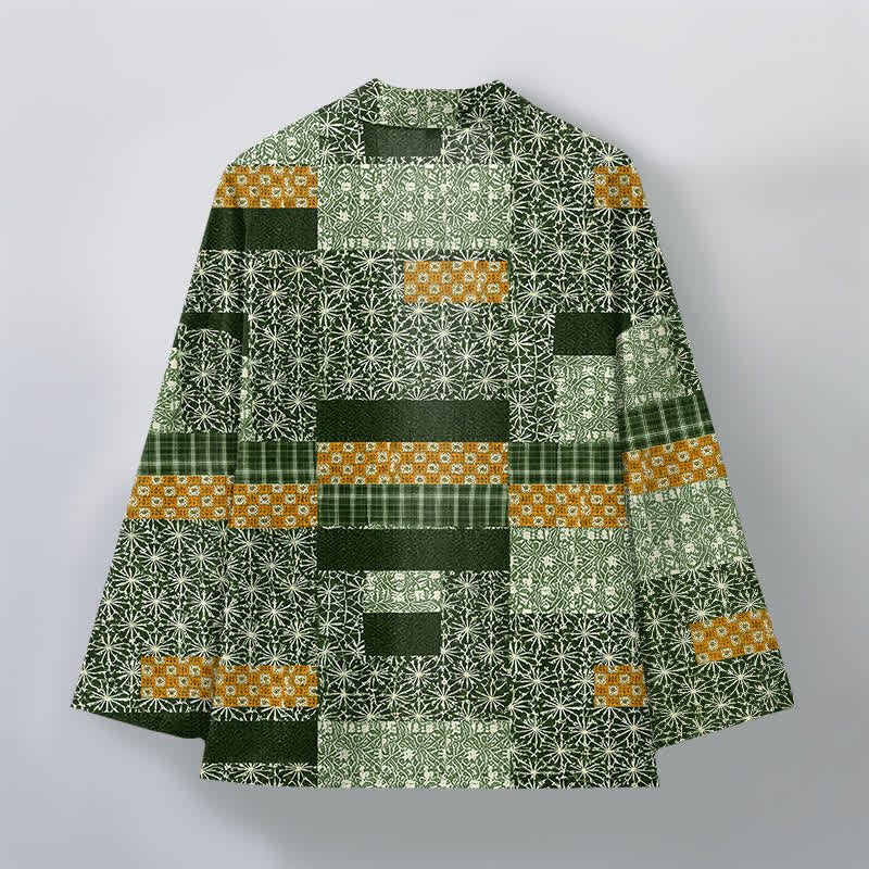 Buddha Stones Cotton Patchwork Geometric Block Pattern Open Front Men's Kimono - image 11