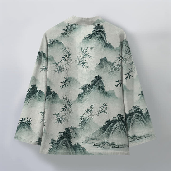 Buddha Stones Cotton Ink Bamboo Mountains Landscape Pattern Open Front Men's Kimono - image 2