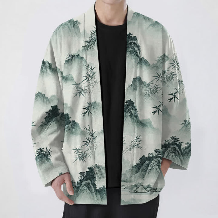 Buddha Stones Cotton Ink Bamboo Mountains Landscape Pattern Open Front Men's Kimono - DarkSeaGreen - US/UK/AU48，EU58 (4XL) - image 0