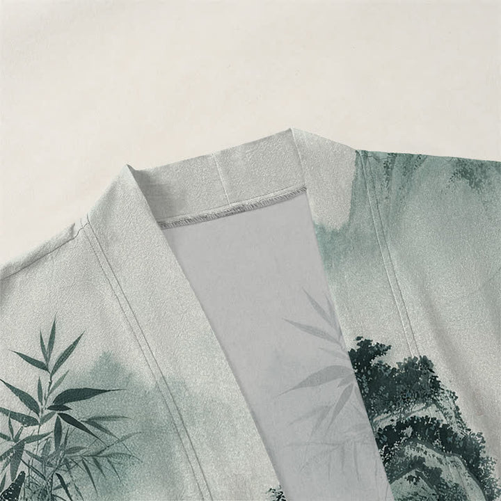 Buddha Stones Cotton Ink Bamboo Mountains Landscape Pattern Open Front Men's Kimono - image 3