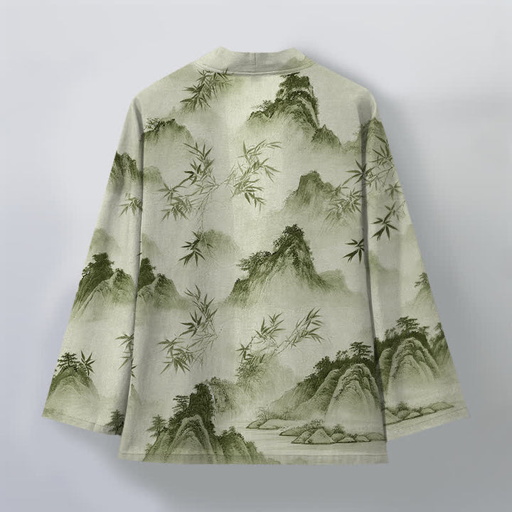 Buddha Stones Cotton Ink Bamboo Mountains Landscape Pattern Open Front Men's Kimono - image 11