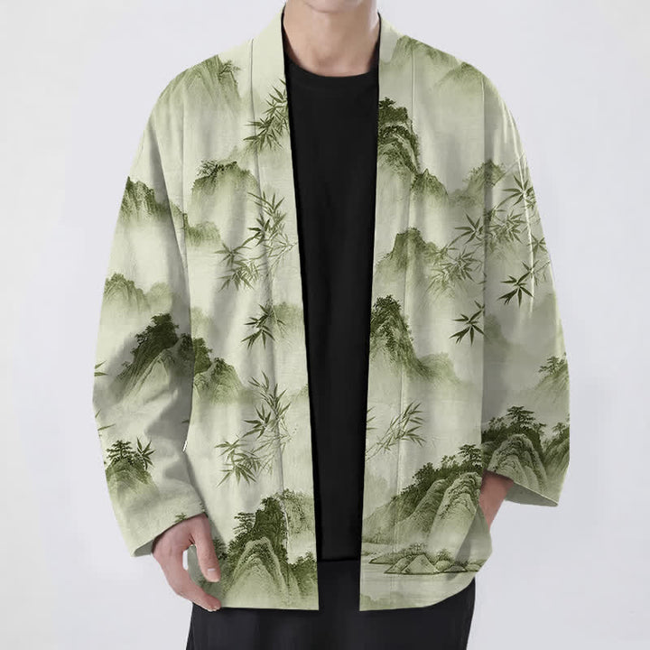Buddha Stones Cotton Ink Bamboo Mountains Landscape Pattern Open Front Men's Kimono - Honeydew - US/UK/AU48，EU58 (4XL) - image 9