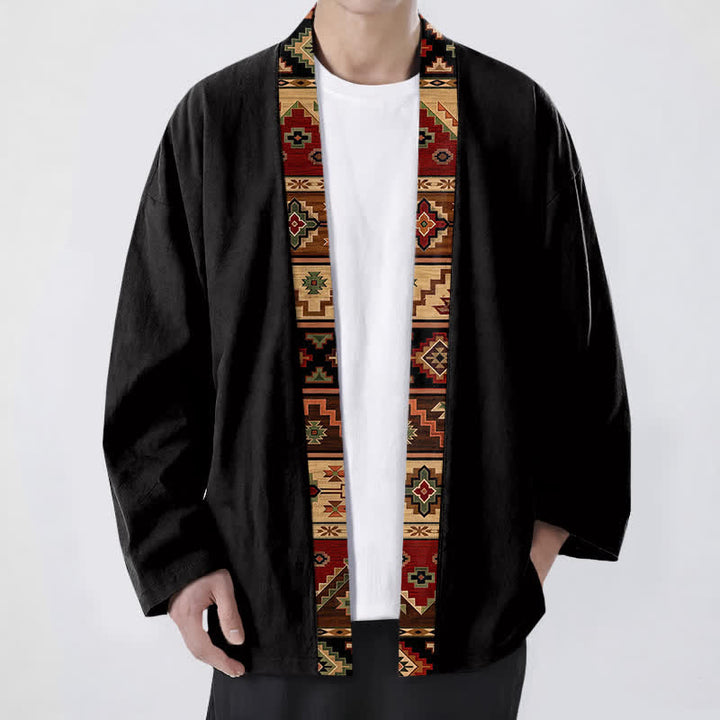 Buddha Stones Cotton Tribal Geometric Trim Pattern Open Front Men's Kimono - Black - US/UK/AU48，EU58 (4XL) - image 0