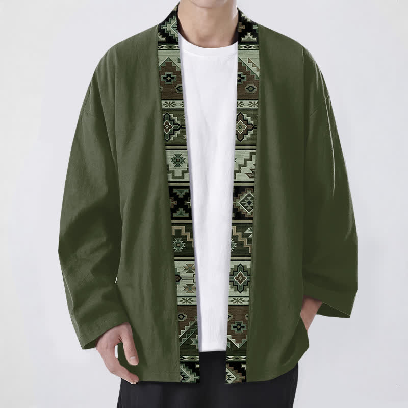 Buddha Stones Cotton Tribal Geometric Trim Pattern Open Front Men's Kimono - DarkOliveGreen - US/UK/AU48，EU58 (4XL) - image 6