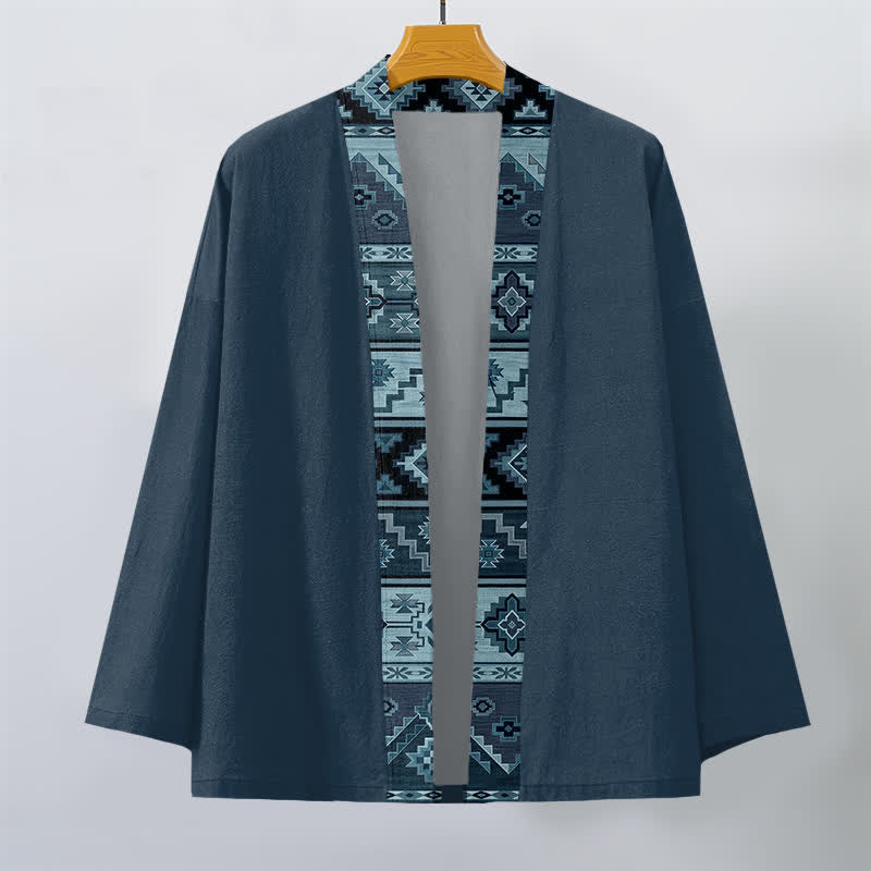 Buddha Stones Cotton Tribal Geometric Trim Pattern Open Front Men's Kimono - image 10
