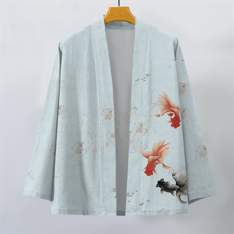 Buddha Stones Cotton Koi Fish Flowing Waves Pattern Open Front Men's Kimono - image 7