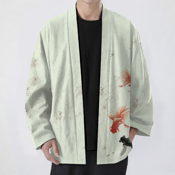 Buddha Stones Cotton Koi Fish Flowing Waves Pattern Open Front Men's Kimono - MintCream - US/UK/AU48，EU58 (4XL) - image 9