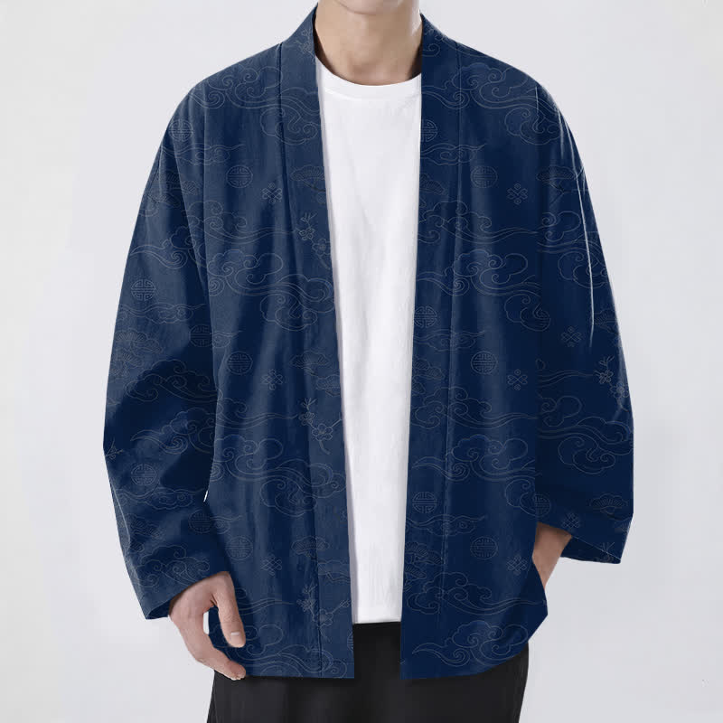 Buddha Stones Cotton Auspicious Clouds Pattern Open Front Men's Kimono - Navy - US/UK/AU48，EU58 (4XL) - image 0