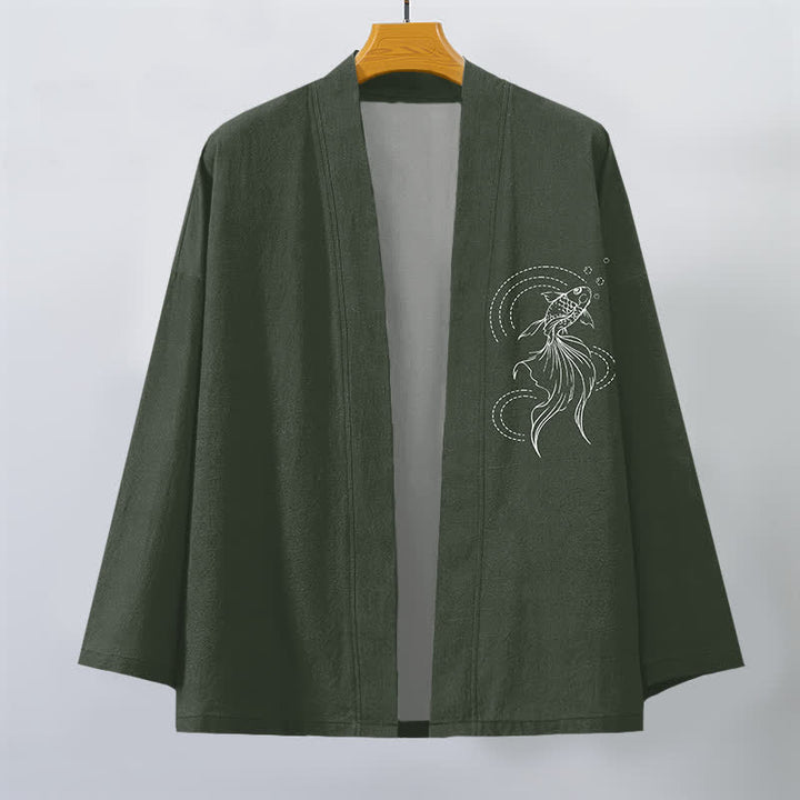 Buddha Stones Cotton White Koi Fish Wave Pattern Open Front Men's Kimono - image 7