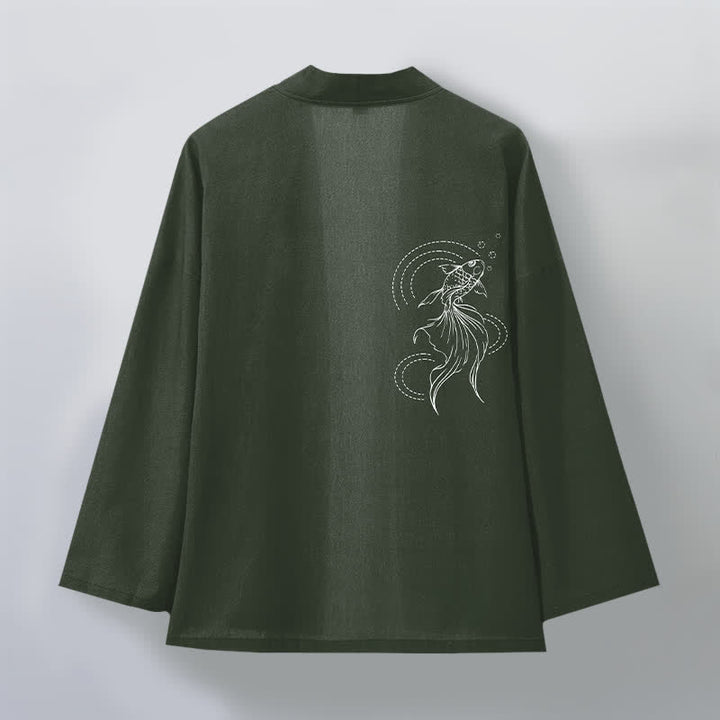 Buddha Stones Cotton White Koi Fish Wave Pattern Open Front Men's Kimono - image 8