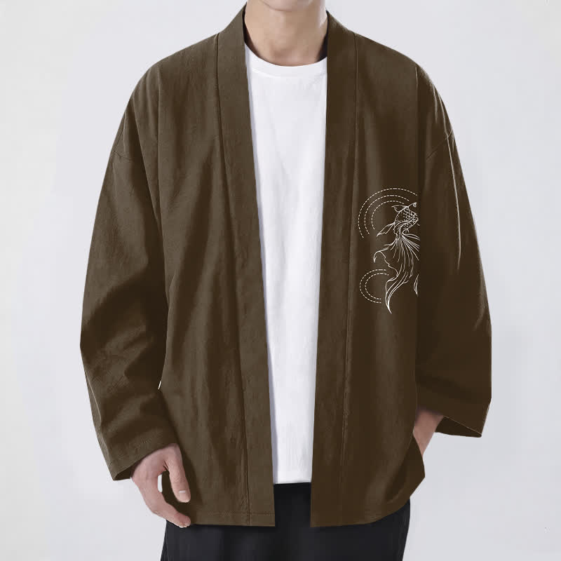 Buddha Stones Cotton White Koi Fish Wave Pattern Open Front Men's Kimono - SaddleBrown - US/UK/AU48，EU58 (4XL) - image 9