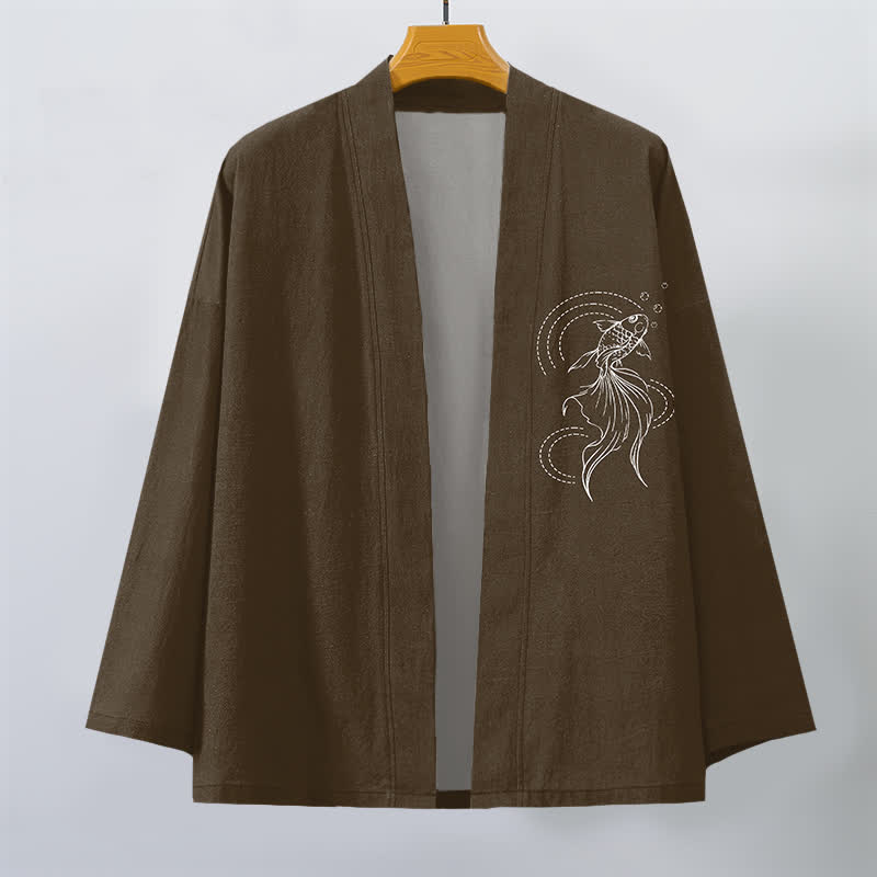 Buddha Stones Cotton White Koi Fish Wave Pattern Open Front Men's Kimono - image 10