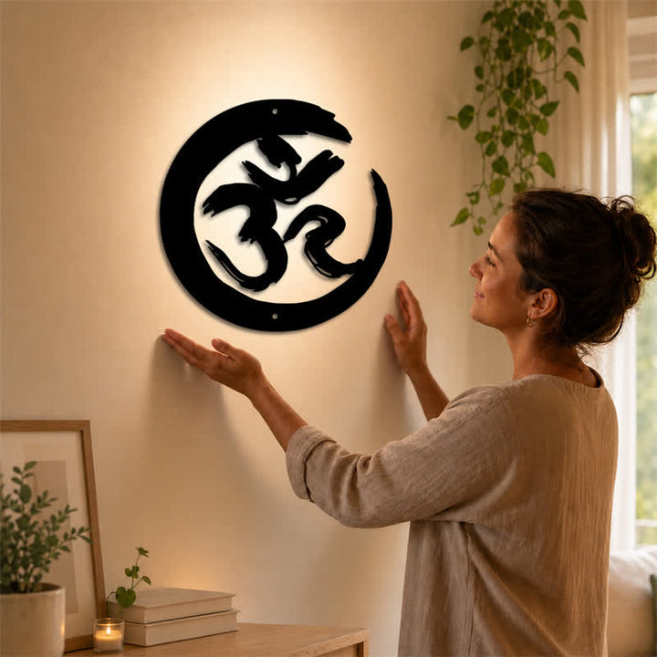 Buddha Stones Black OM Circle Mindfulness Iron Metal Meaningful Symbols Wall Art - image 1
