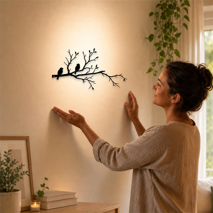 Buddha Stones Two Birds Branch Silhouette Iron Meaningful Symbols Wall Art - image 1