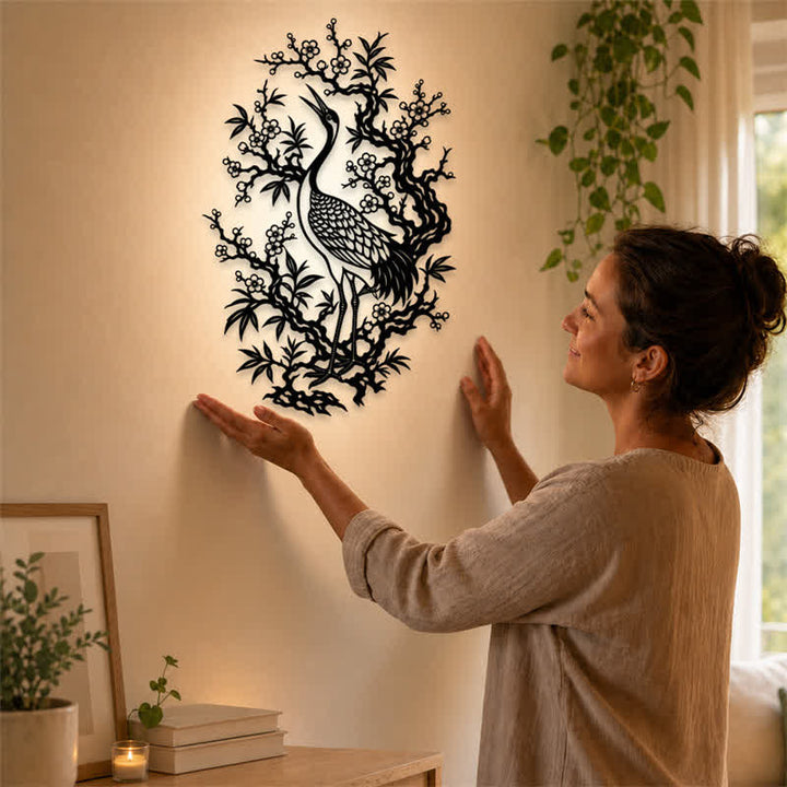 Buddha Stones Metal Crane And Plum Blossom Zen Iron Meaningful Symbols Wall Art - image 1