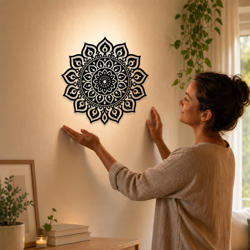 Buddha Stones Round Mandala Focus Cutout Decor Mindfulness Iron Metal Meaningful Symbols Wall Art - image 1