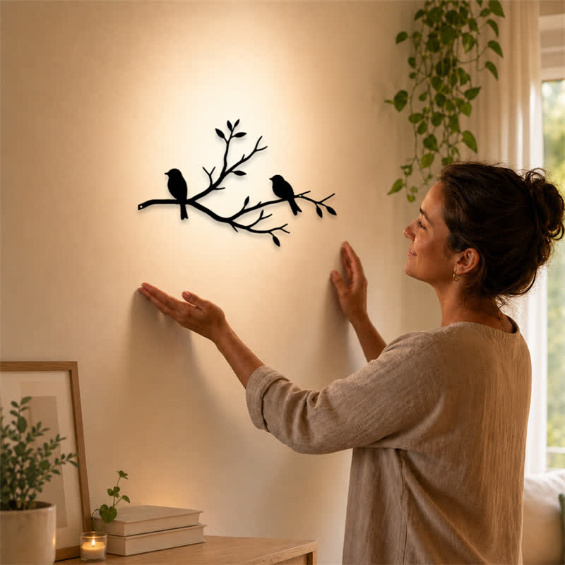 Buddha Stones Black Two Birds on Branch Iron Meaningful Symbols Wall Art - image 1