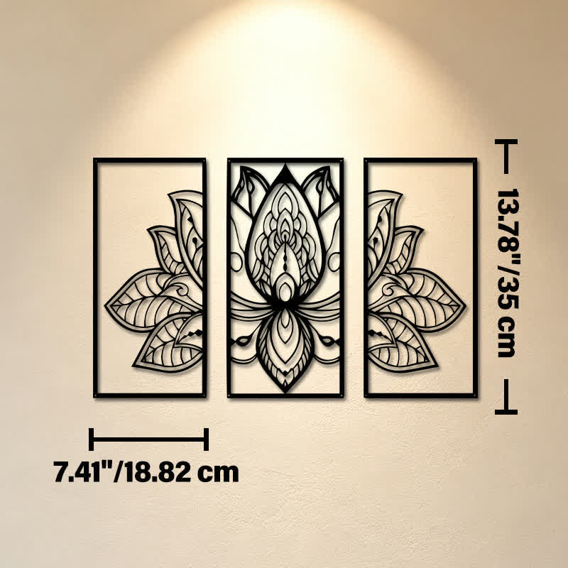 Buddha Stones Lotus Enlightenment Triptych Iron Metal Meaningful Symbols Wall Art - Approx. 18.82cm x 35cm x 0.1cm / 7.41in x 13.78in x 0.04in - image 6