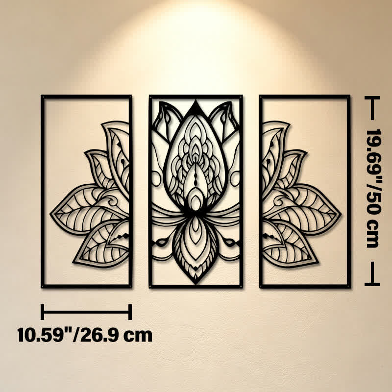 Buddha Stones Lotus Enlightenment Triptych Iron Metal Meaningful Symbols Wall Art - Approx. 26.9cm x 50cm x 0.12cm / 10.59in x 19.69in x 0.05in - image 10