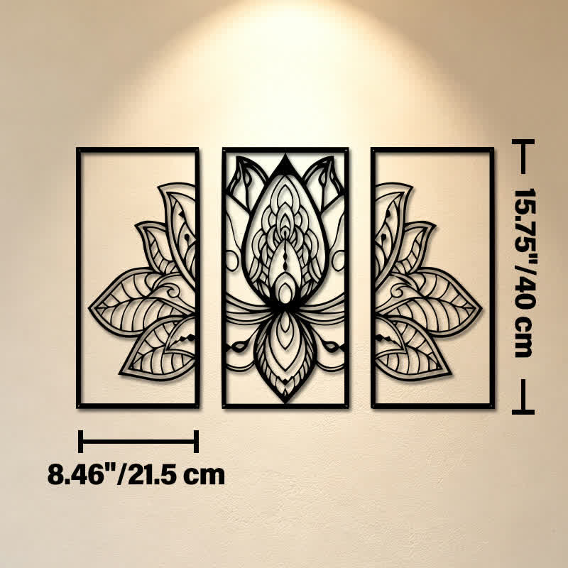Buddha Stones Lotus Enlightenment Triptych Iron Metal Meaningful Symbols Wall Art - Approx. 21.5cm x 40cm x 0.1cm / 8.46in x 15.75in x 0.04in - image 8