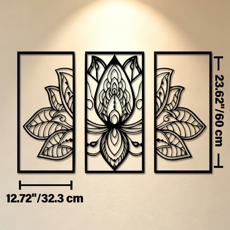 Buddha Stones Lotus Enlightenment Triptych Iron Metal Meaningful Symbols Wall Art - Approx. 32.3cm x 60cm x 0.12cm / 12.72in x 23.62in x 0.05in - image 12
