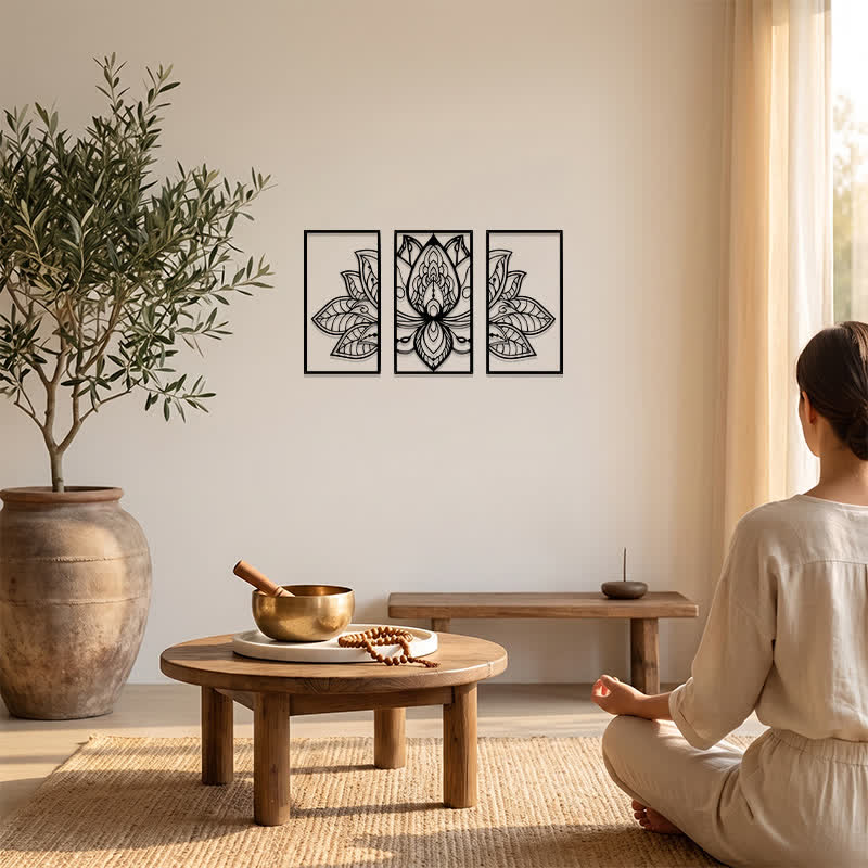 Buddha Stones Lotus Enlightenment Triptych Iron Metal Meaningful Symbols Wall Art - image 5