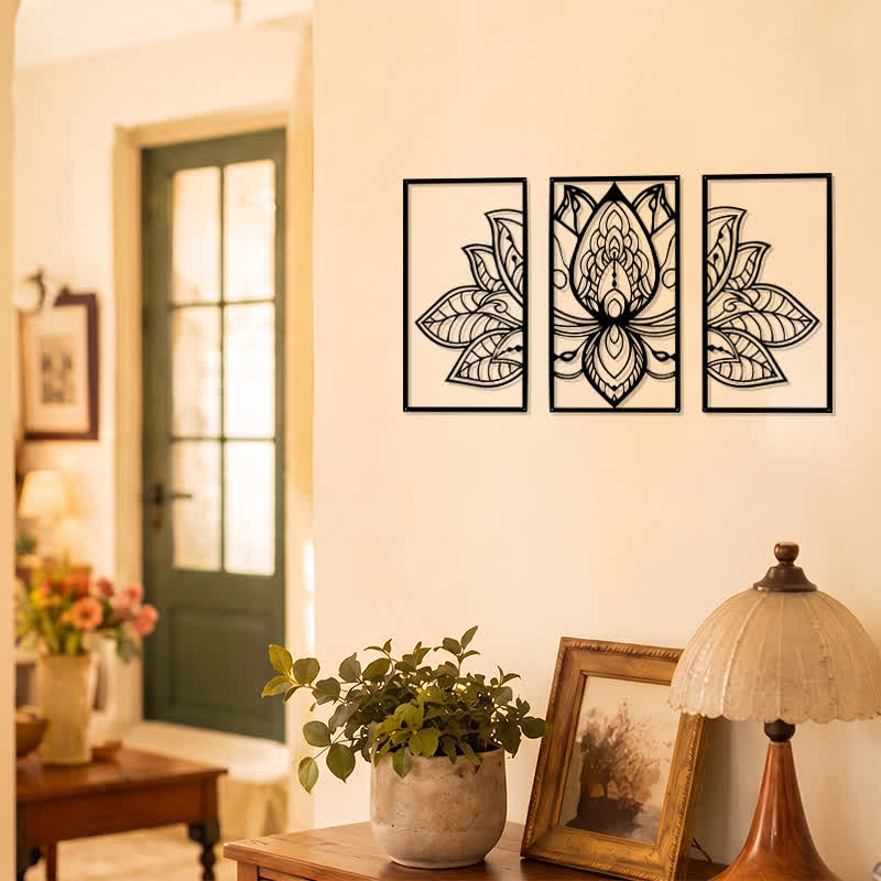 Buddha Stones Lotus Enlightenment Triptych Iron Metal Meaningful Symbols Wall Art - image 7