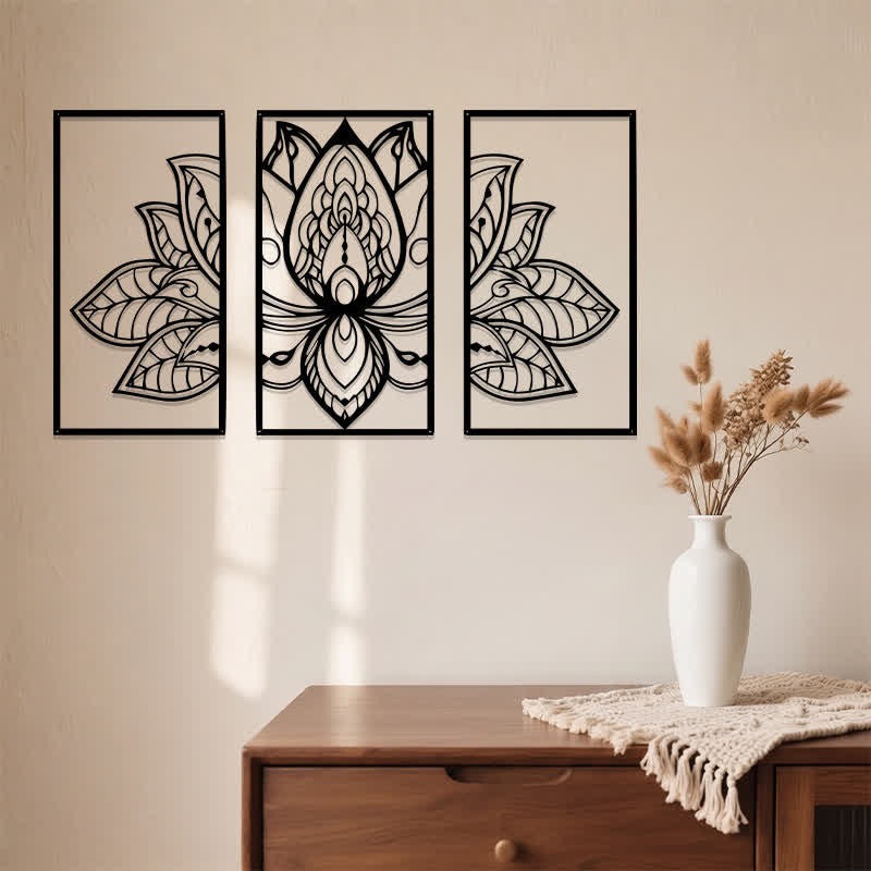 Buddha Stones Lotus Enlightenment Triptych Iron Metal Meaningful Symbols Wall Art - image 3