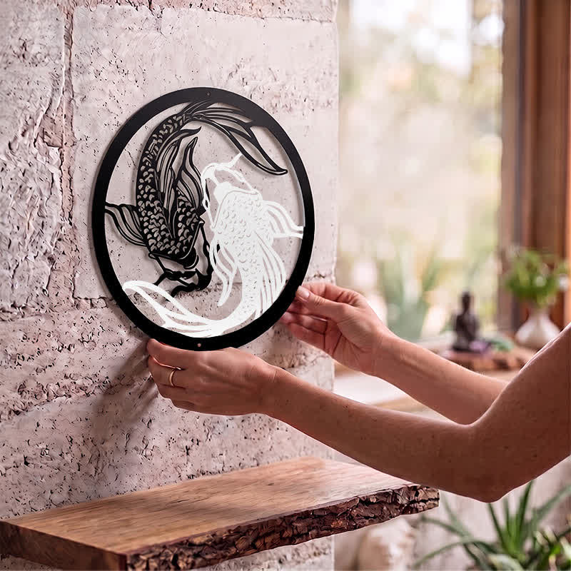 Buddha Stones Round Metal Koi Fish Yin Yang Success Iron Metal Meaningful Symbols Wall Art - image 1