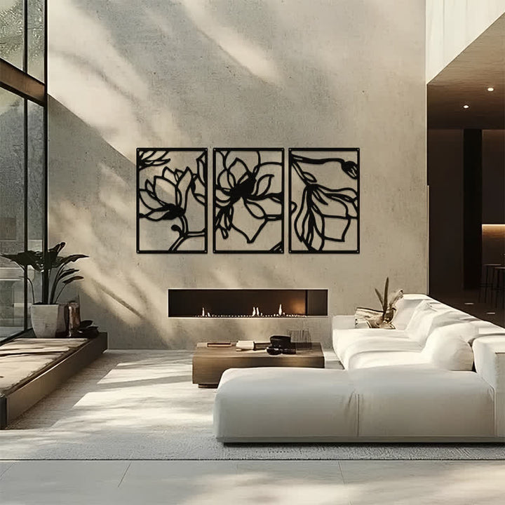 Buddha Stones Black Metal Lotus Enlightenment Triptych Iron Metal Meaningful Symbols Wall Art - image 13