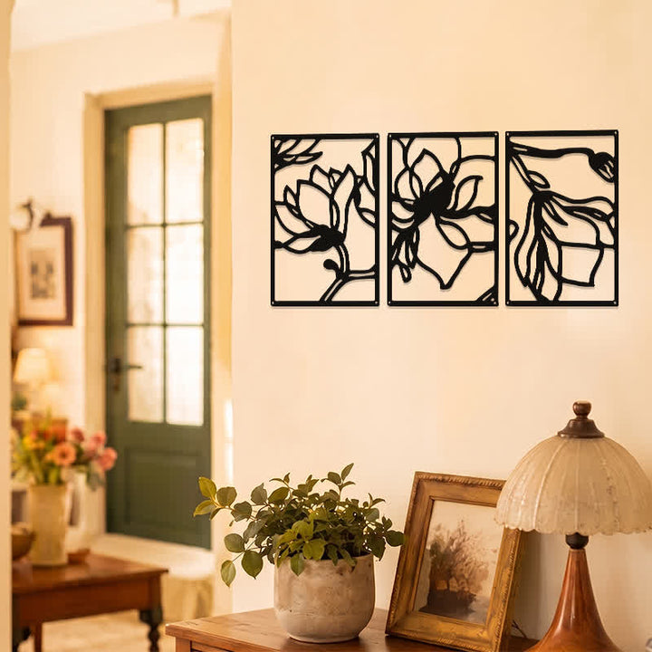 Buddha Stones Black Metal Lotus Enlightenment Triptych Iron Metal Meaningful Symbols Wall Art - image 7