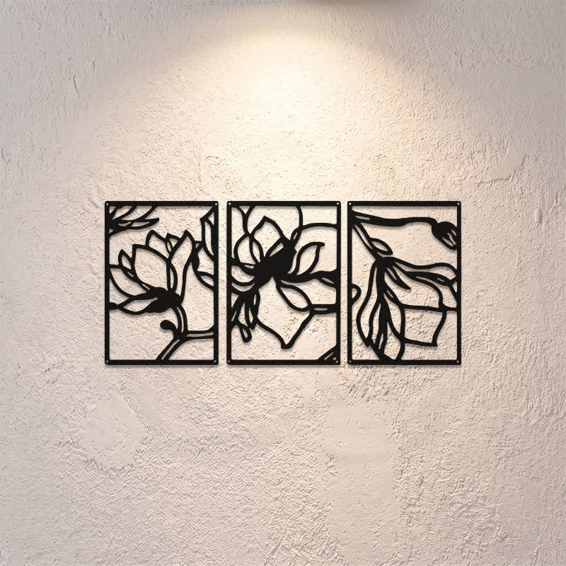Buddha Stones Black Metal Lotus Enlightenment Triptych Iron Metal Meaningful Symbols Wall Art - image 0