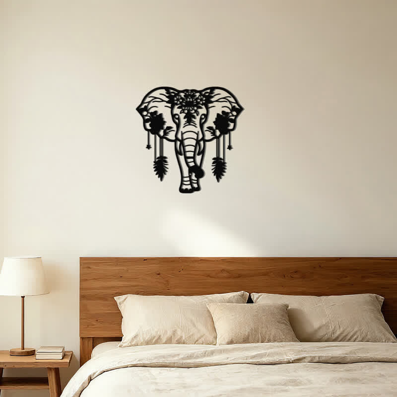 Buddha Stones Lucky Elephant Feather Flower Pattern Iron Metal Wall Decor - image 11